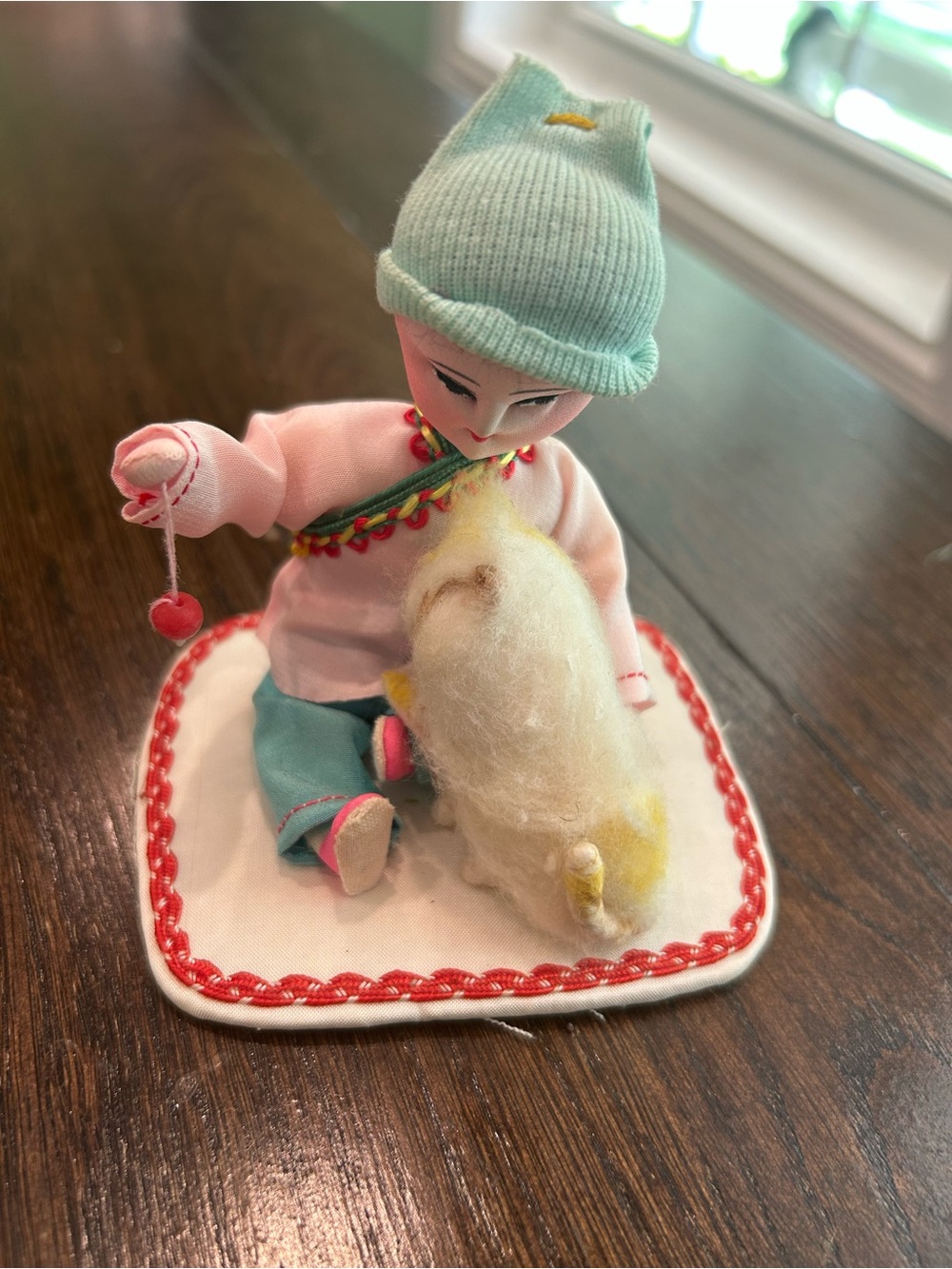 Vintage Peking silk doll figure boy with cat